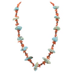 Santa Domingo Turquoise and Red Coral Beaded Necklace