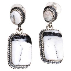 Navajo White Buffalo Turquoise and Sterling Silver Drop Earrings
