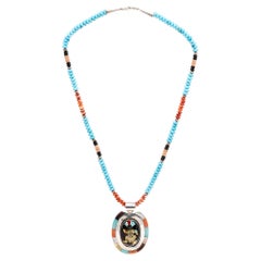 Collier Zuni Beverly Etsate à incrustations de pierres multiples sur chaîne perlée