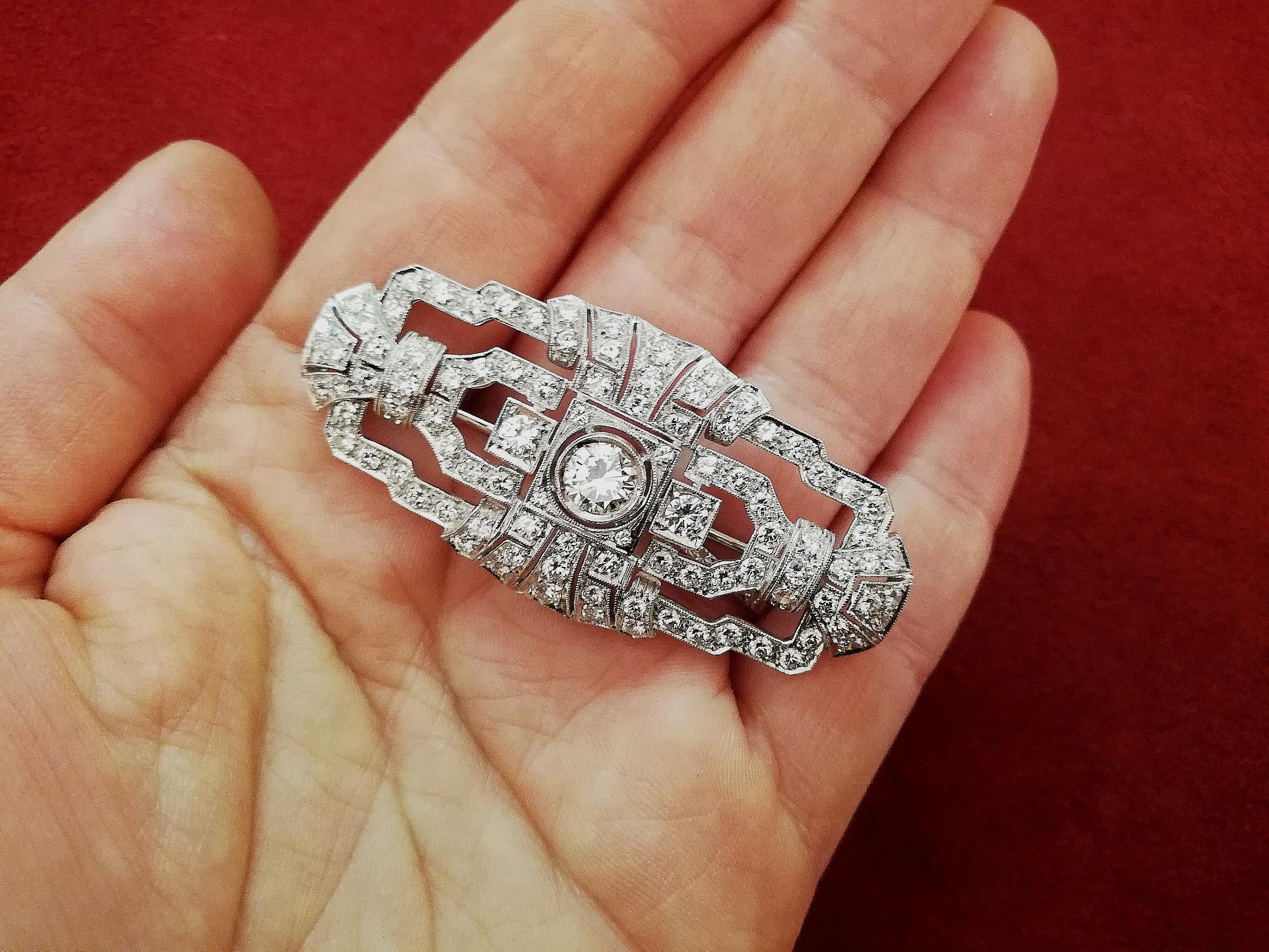 Women's Italian Art Deco Diamond White Gold Brooch For Sale