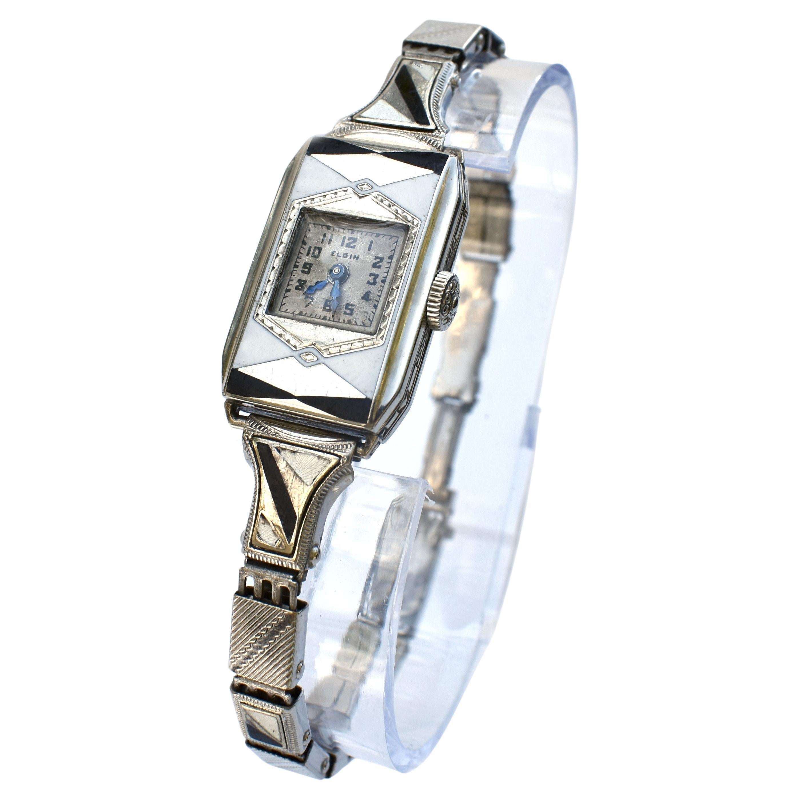 Art Deco Ladies Geometric Enamel Wrist Watch By Elgin, c1933, Newly Serviced. For Sale