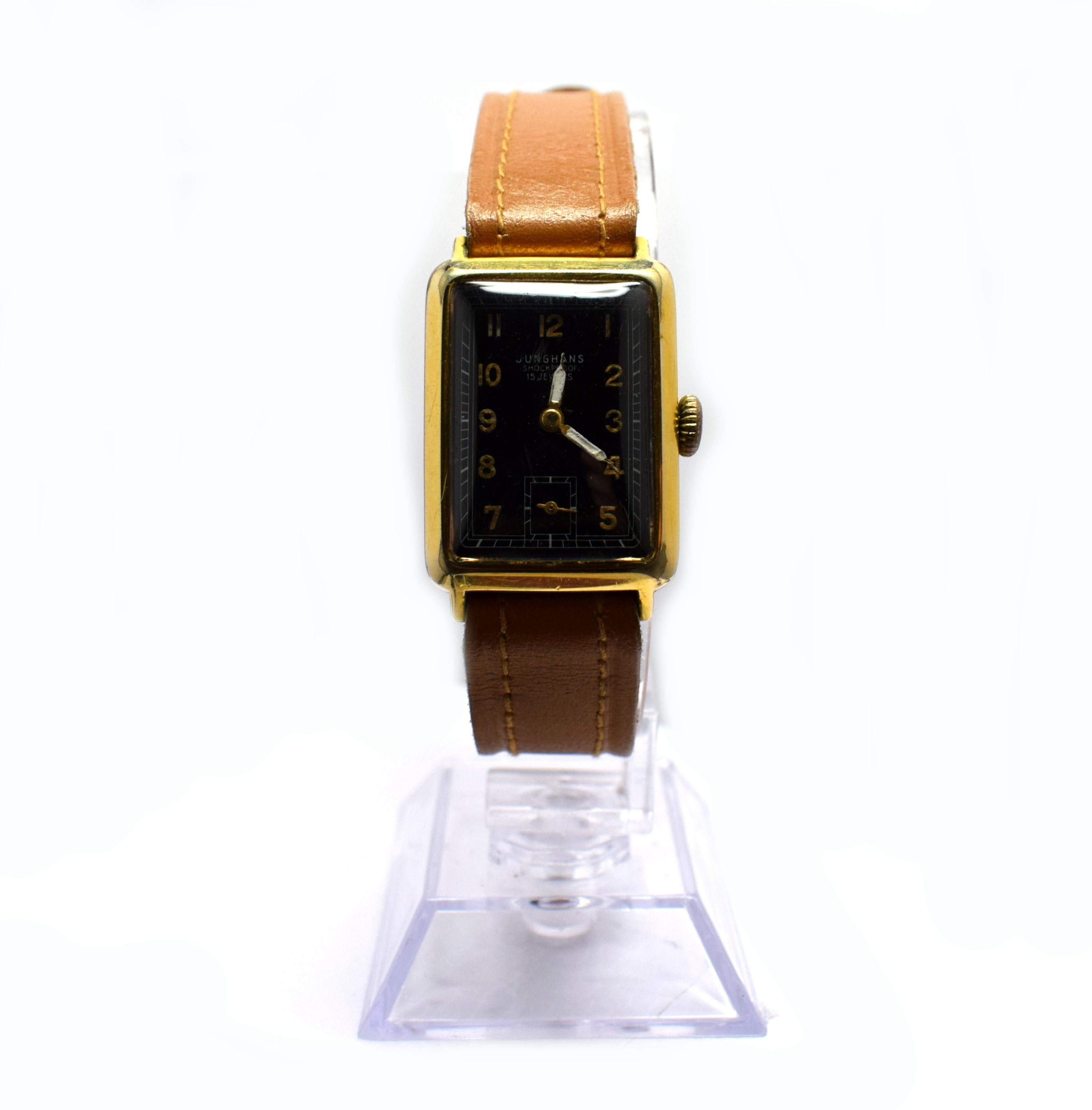 Superbly stylish 1930's Art Deco mans watch by the highly regarded German Watch makers, Junghans. Width with crown 25mm, height 35 mm. Condition is very good with minimal signs of age to this 90 year old watch. Serviced and in good working