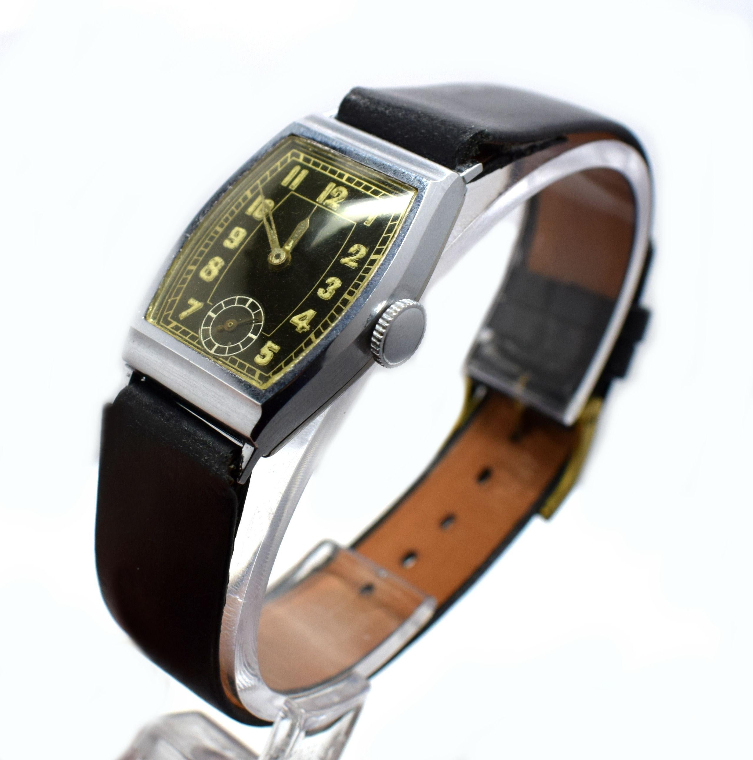 This is a golden opportunity to acquire a perfect condition Art Deco Gents wrist watch. This is what we call 'old new stock', that is to say it's of the period dating to the 1930's but has never been sold, marketed or worn, as you can imagine that