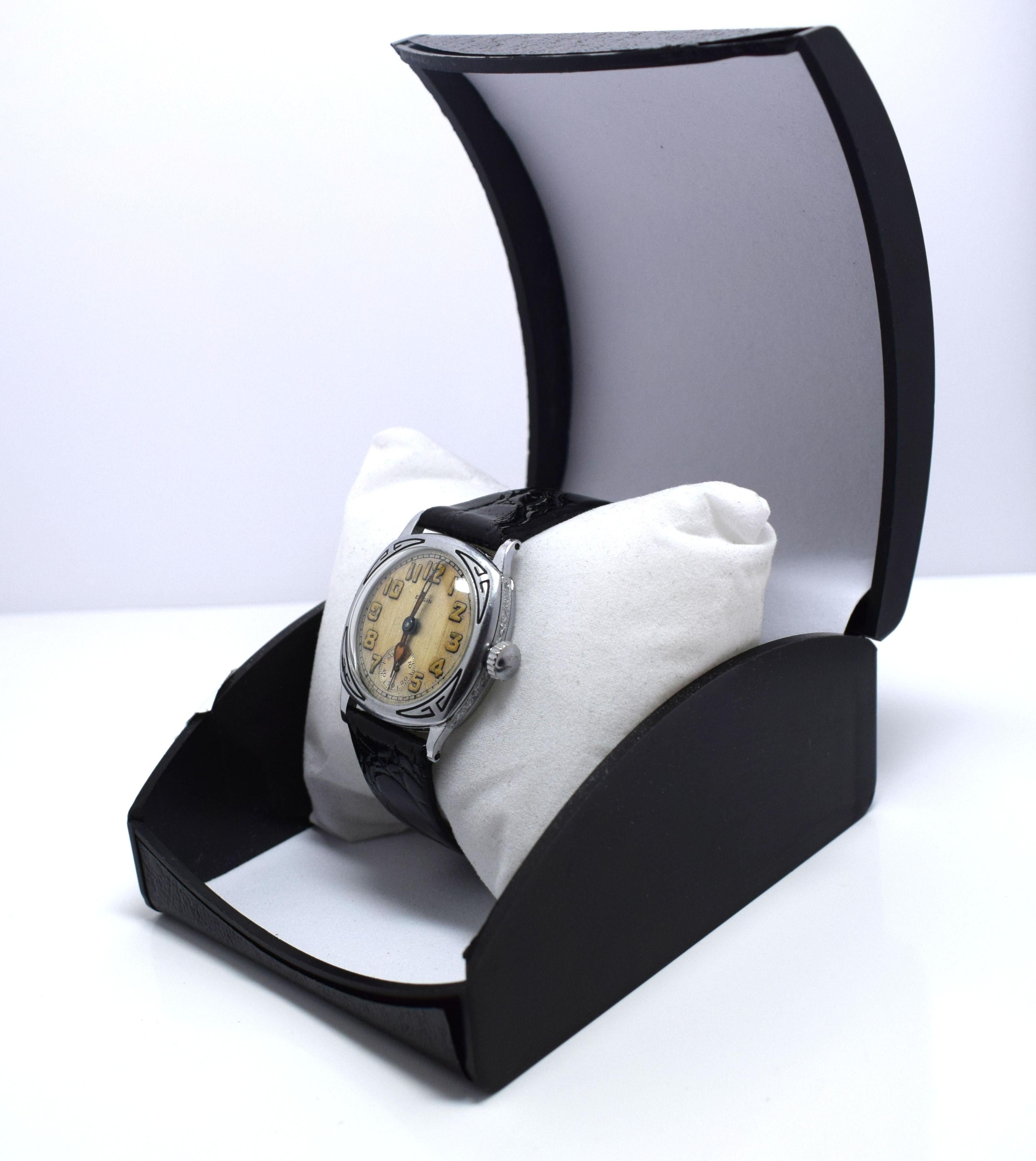 Men's Stunning Art Deco White Gold Filled Gents Wristwatch by Elgin