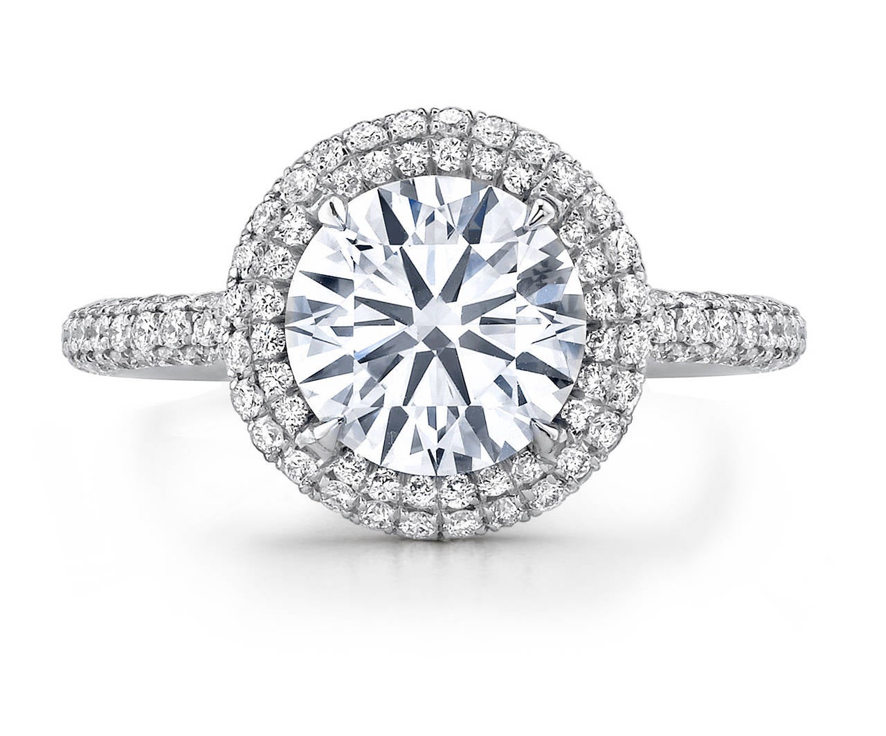 Contemporary Halo Diamond Platinum Engagement Ring For Sale