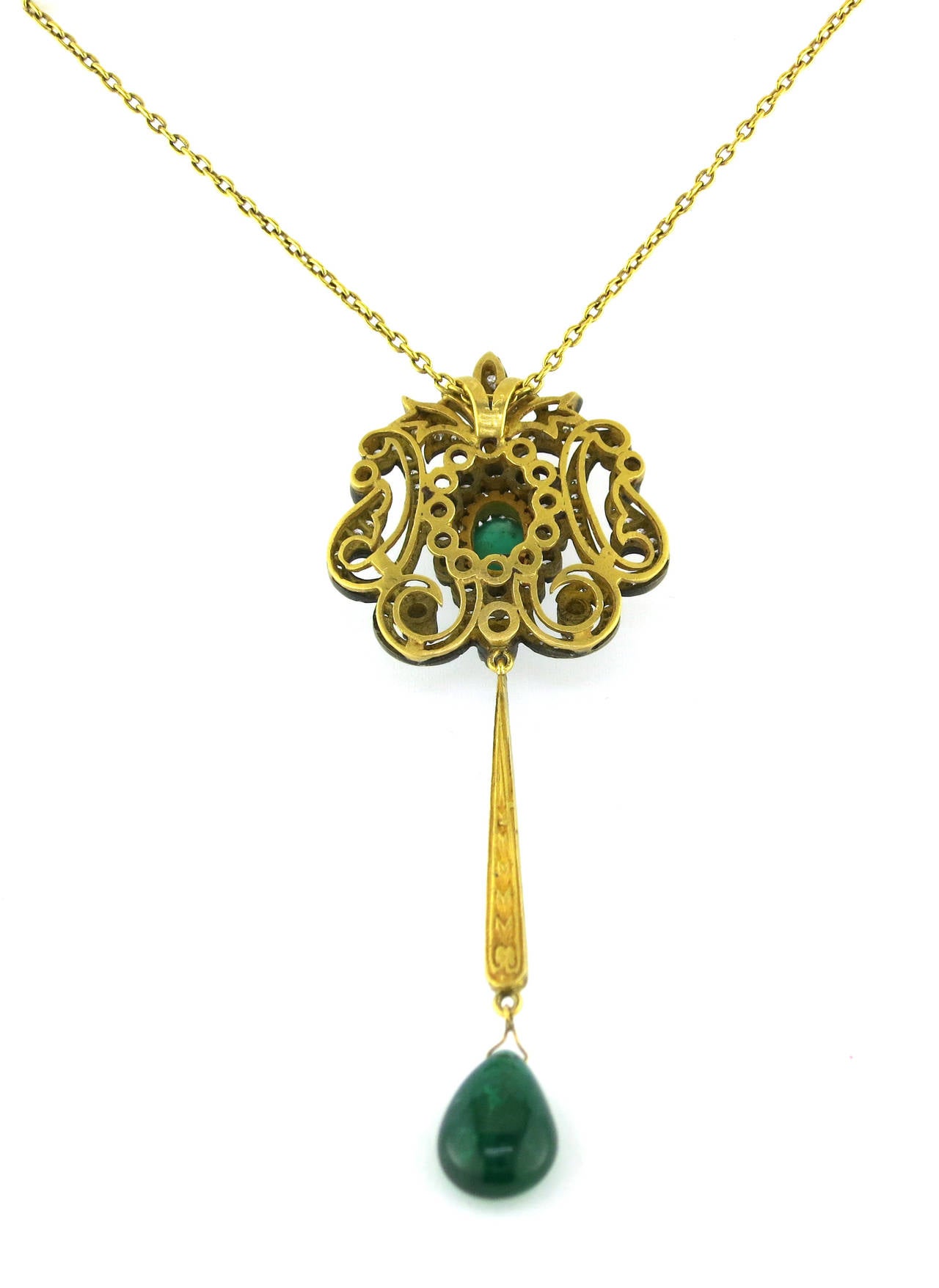 Edwardian Emerald Diamond Gold Necklace
