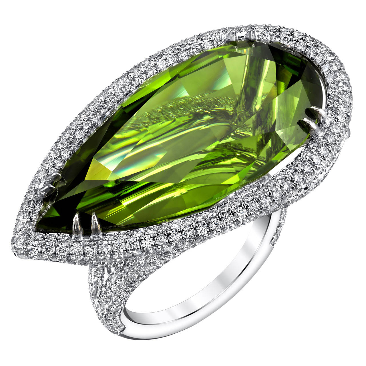 Pear Shaped Peridot Diamond Gold Ring For Sale