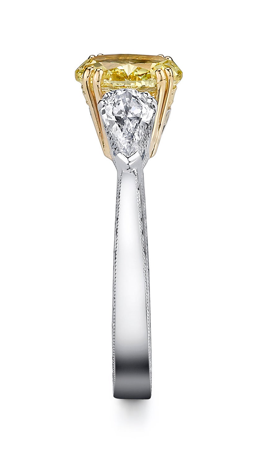 Contemporary Fancy Oval GIA Cert Yellow Diamond Platinum Ring For Sale