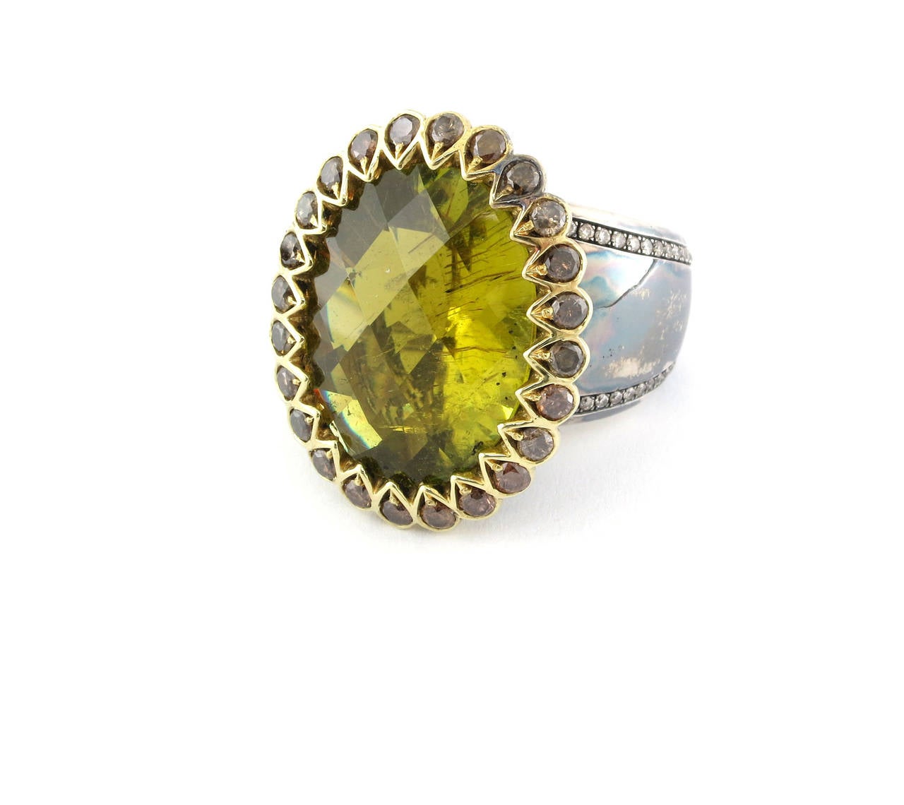 Women's Lime Green Tourmaline Cognac Diamond Gold Ring For Sale