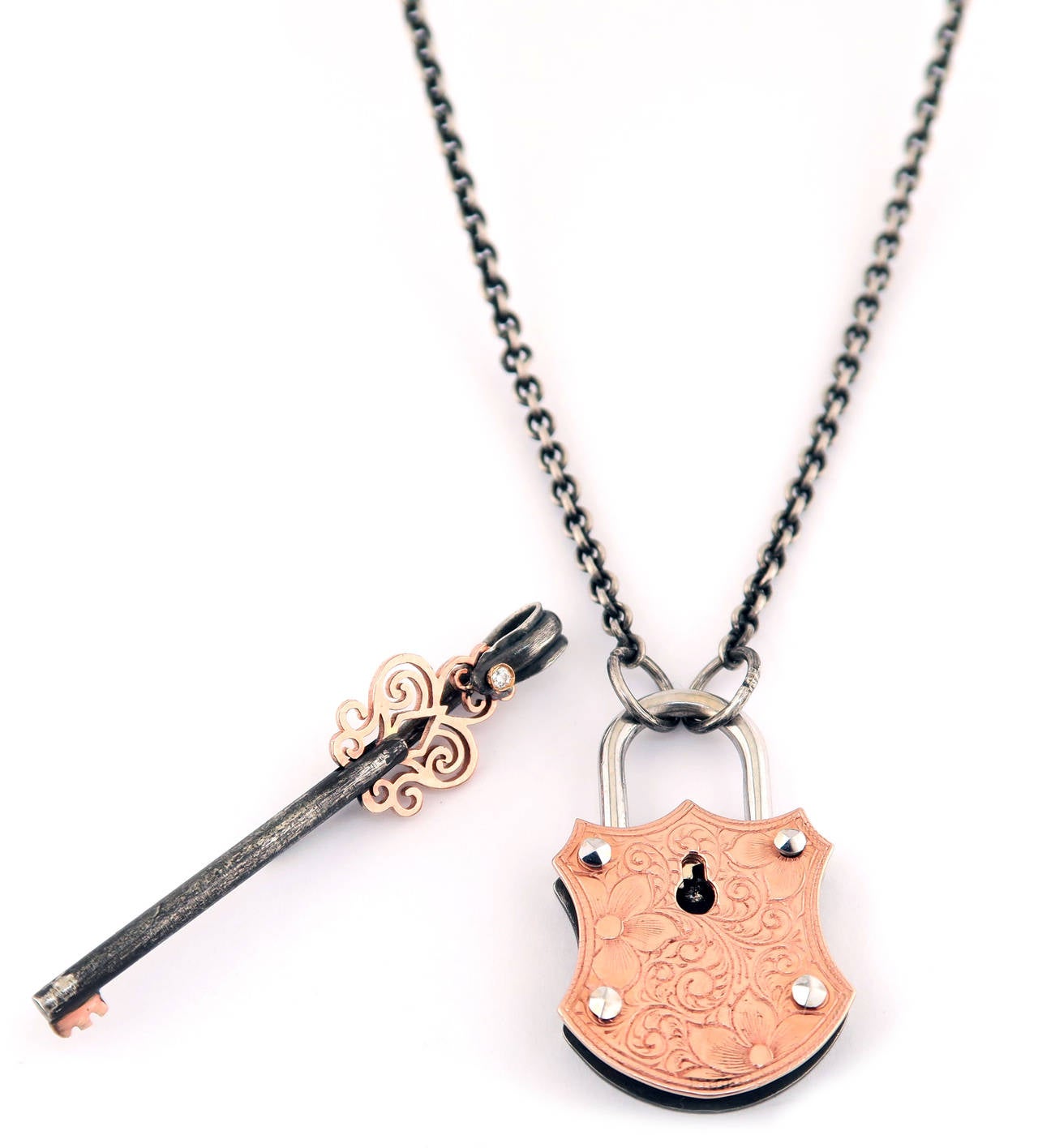 Contemporary Silver Gold Lock and Key Pendant and Chain For Sale
