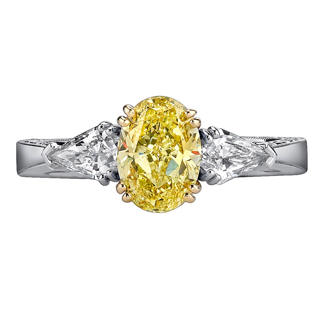Fancy Oval GIA Cert Yellow Diamond Platinum Ring For Sale