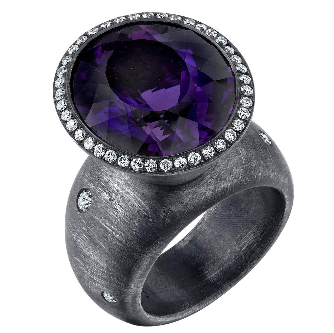 Purple Amethyst Diamond Organic Silver Cone Ring For Sale