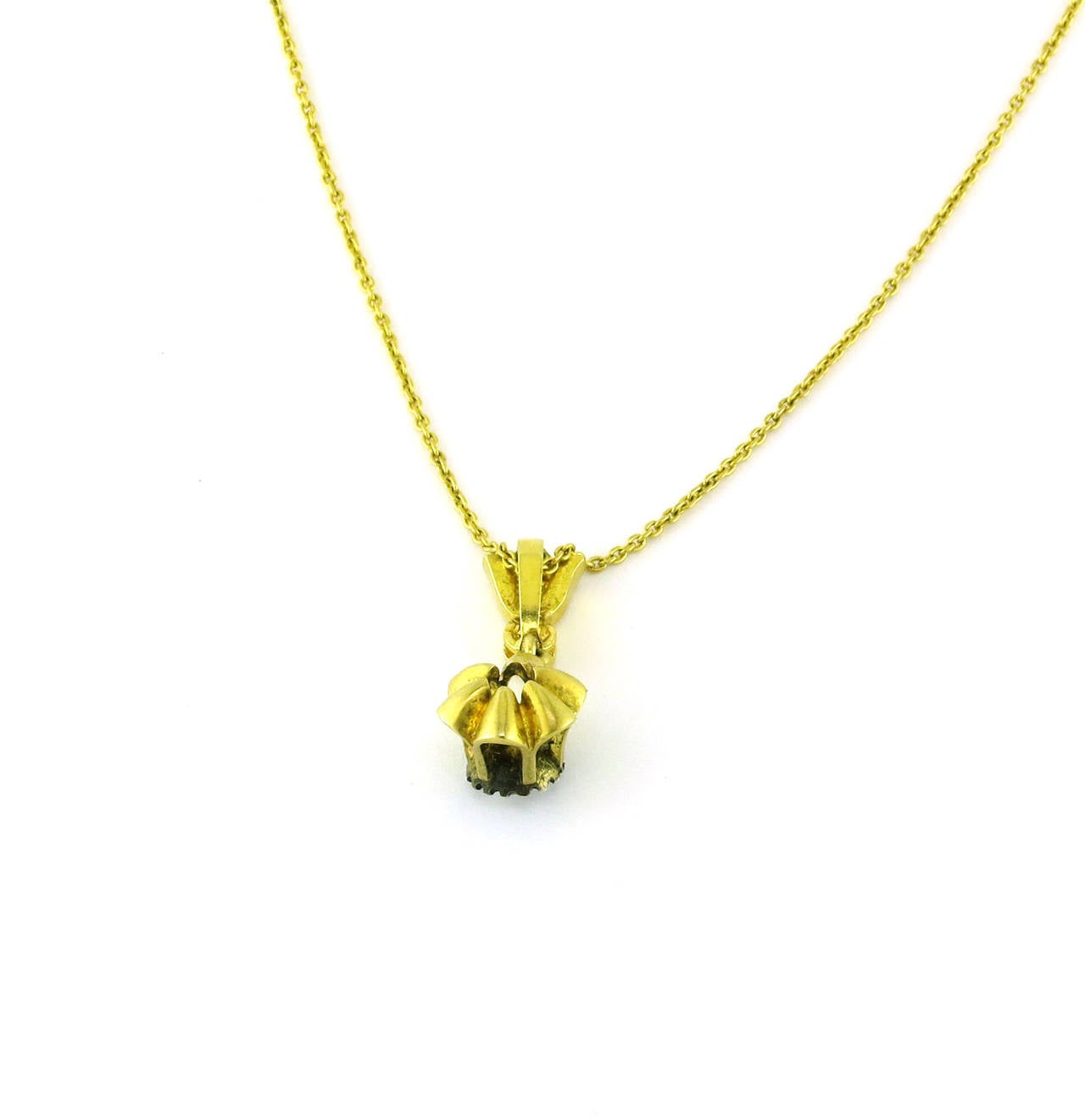 18 Karat Yellow Gold Necklace with a 0.20 CT Rose Cut Center Diamond, accented with an Antique Silver Patina Finish. 

Inspired by the Edwardian Era, a time when fine jewelry was a crucial component of every outfit, pieces were created to