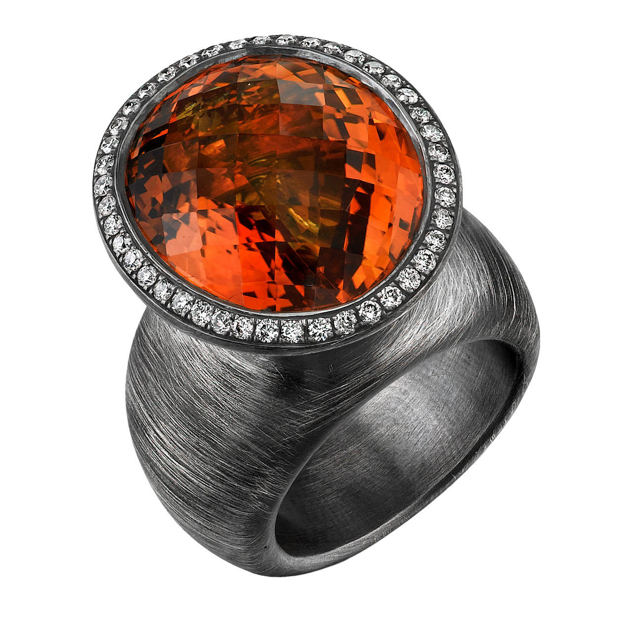 Orange Citrine Diamond Organic Silver Cone Ring For Sale