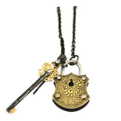 Diamond Organic Silver Yellow Gold Lock and Key Necklace