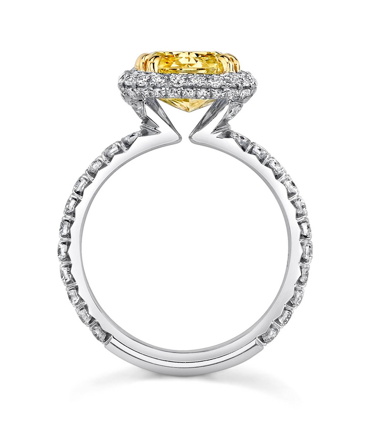 This stunning ring features a 2.61 ct (GIA certified) Rectangular Modified Brilliant Cut Natural Intense Yellow center stone set in 18 Karat Yellow Gold. The Platinum mounting is studded with 0.90 ct Micro Pave Ideal Cut Diamonds, acting as the
