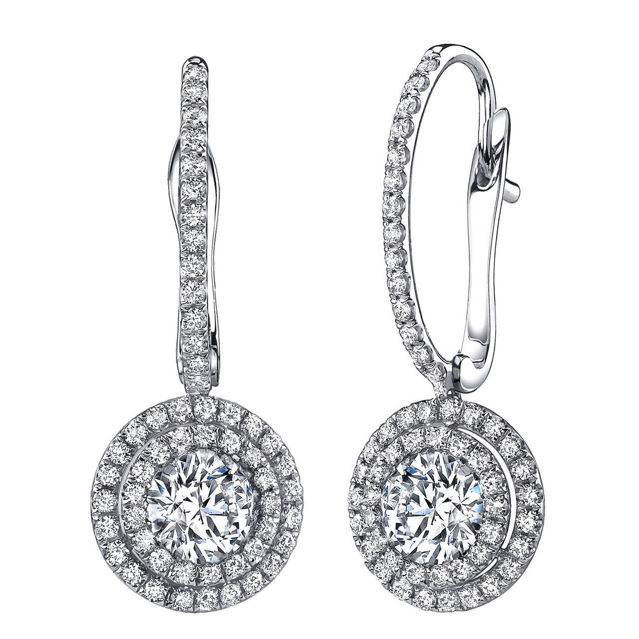 Ideal Cut Diamond Platinum Dangle Earrings For Sale