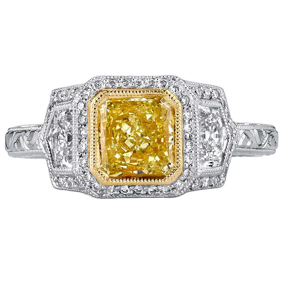 Three Stone GIA Certified Yellow Diamond Gold Platinum Ring For Sale