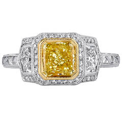 Three Stone GIA Certified Yellow Diamond Gold Platinum Ring