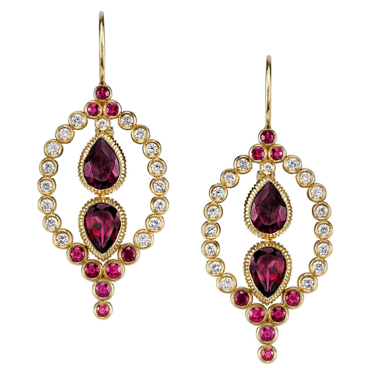 Ruby Garnet Diamond Gold Dangle Earrings For Sale