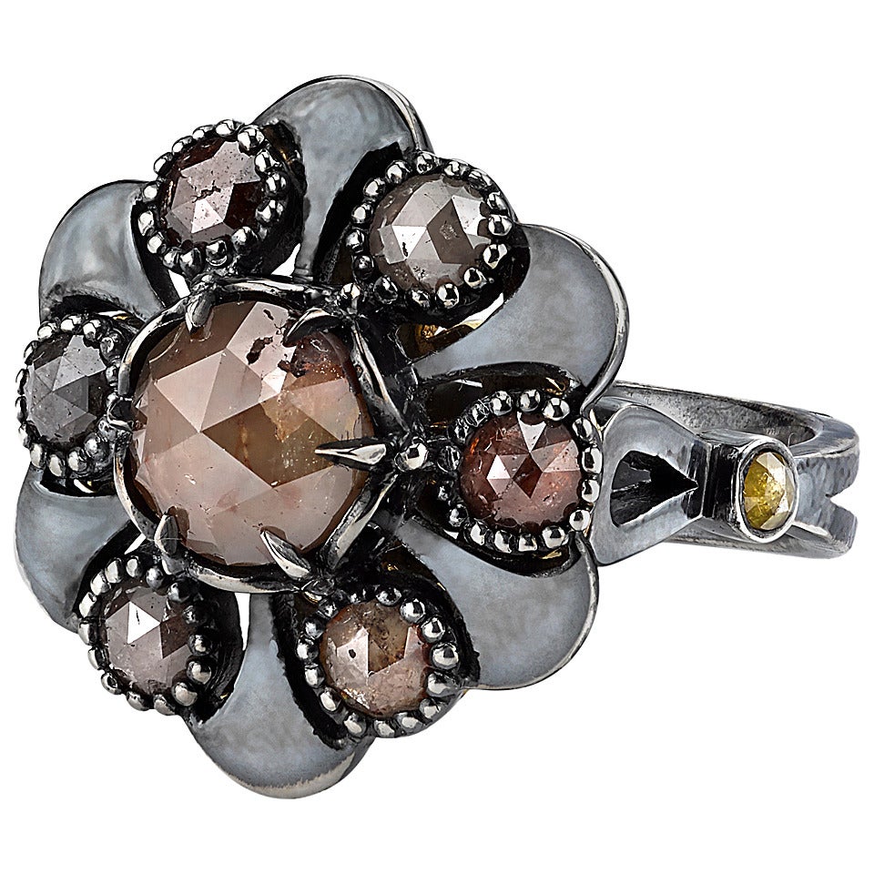 Rustic Diamond Organic Silver Flower Ring For Sale