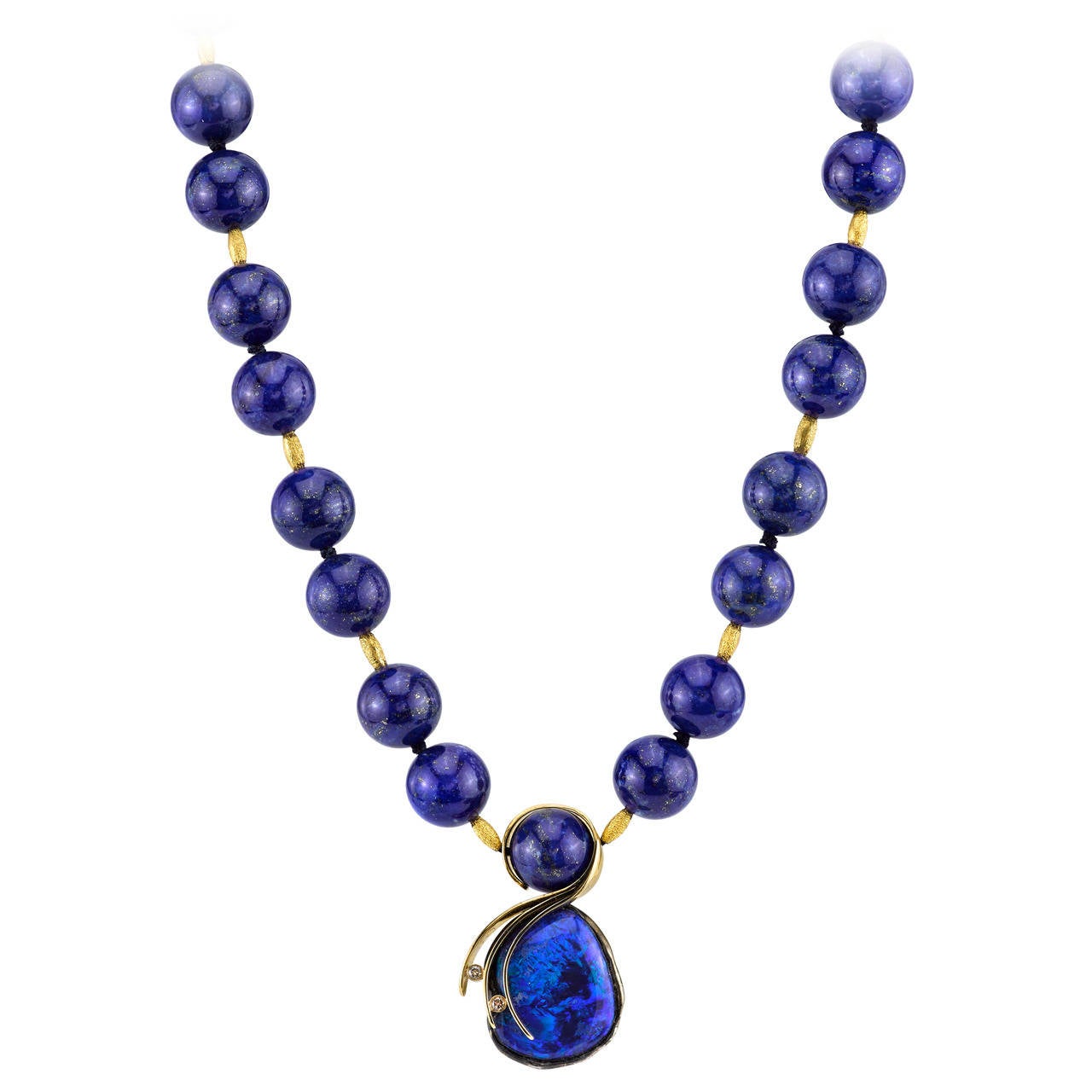 Lightning Ridge Opal Lapis Gold Drop Necklace For Sale