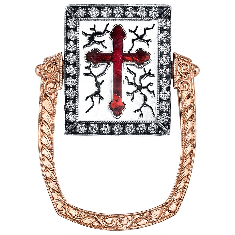 Ruby Tourmaline Diamond Silver Gold Reversible Cross Ring For Sale
