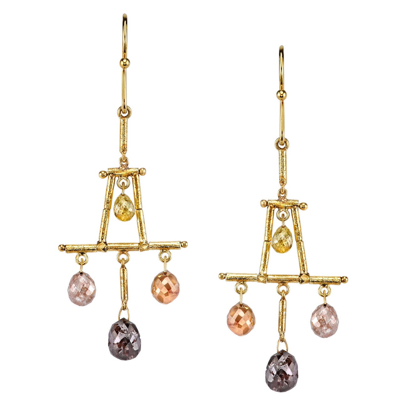 Rustic Diamond Gold Dangle Earrings For Sale