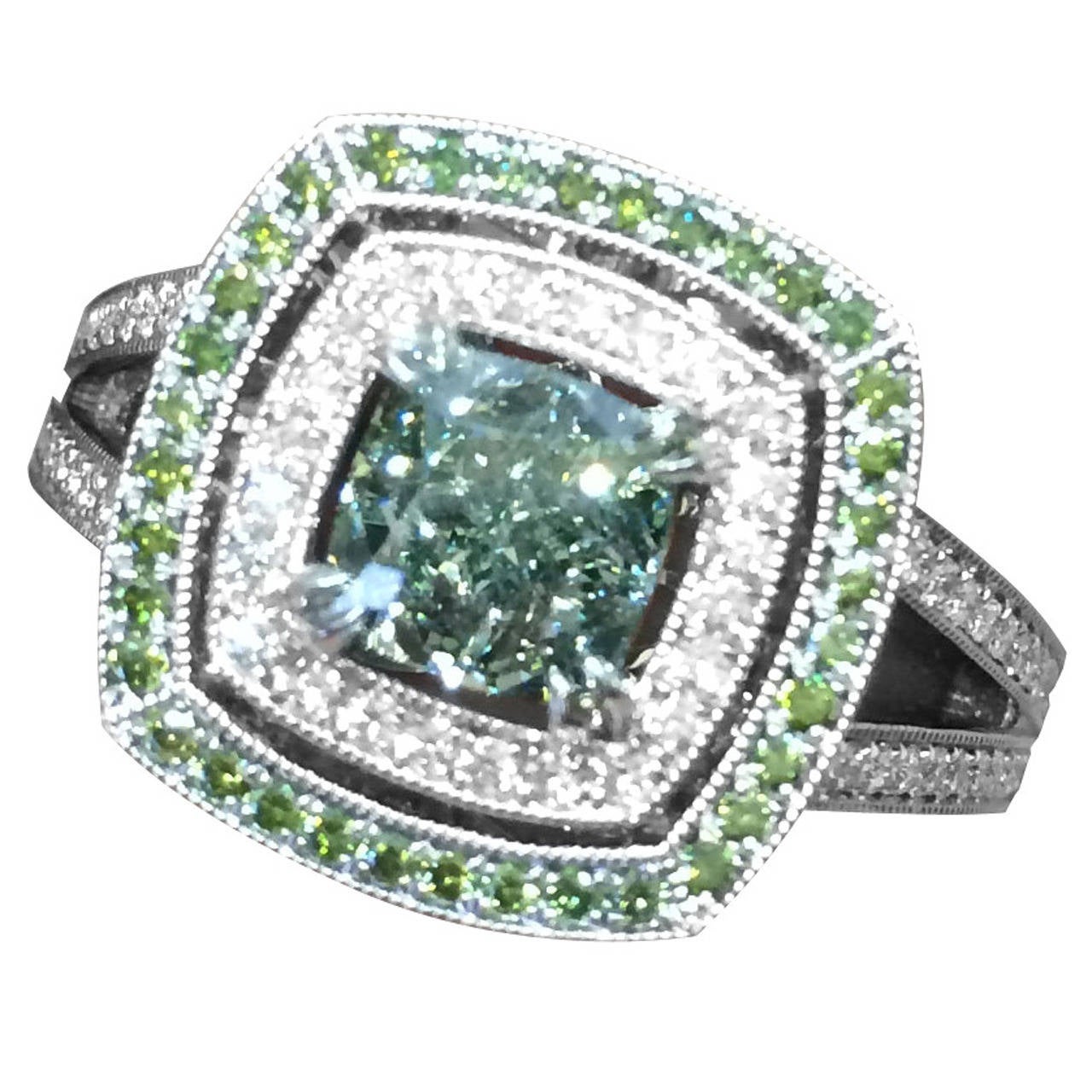 Natural Fancy Intense GIA Cert 1.50 Carat Rare Green Diamond Platinum Ring For Sale