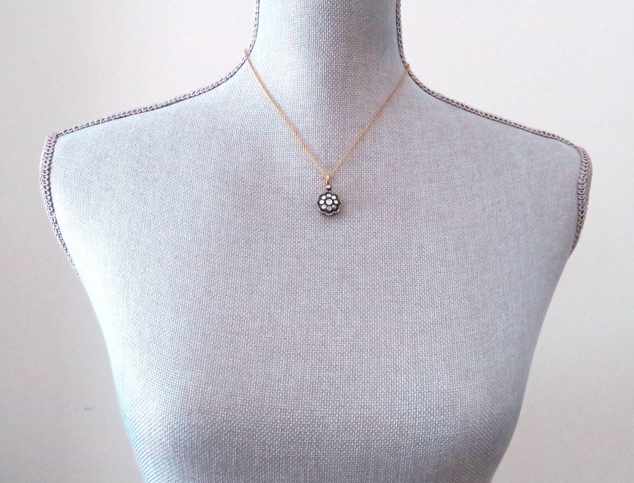 Rose Cut Diamond Cluster Gold Necklace In New Condition For Sale In Carmel by the Sea, CA
