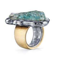 Green Beryl Organic Silver Gold Ring