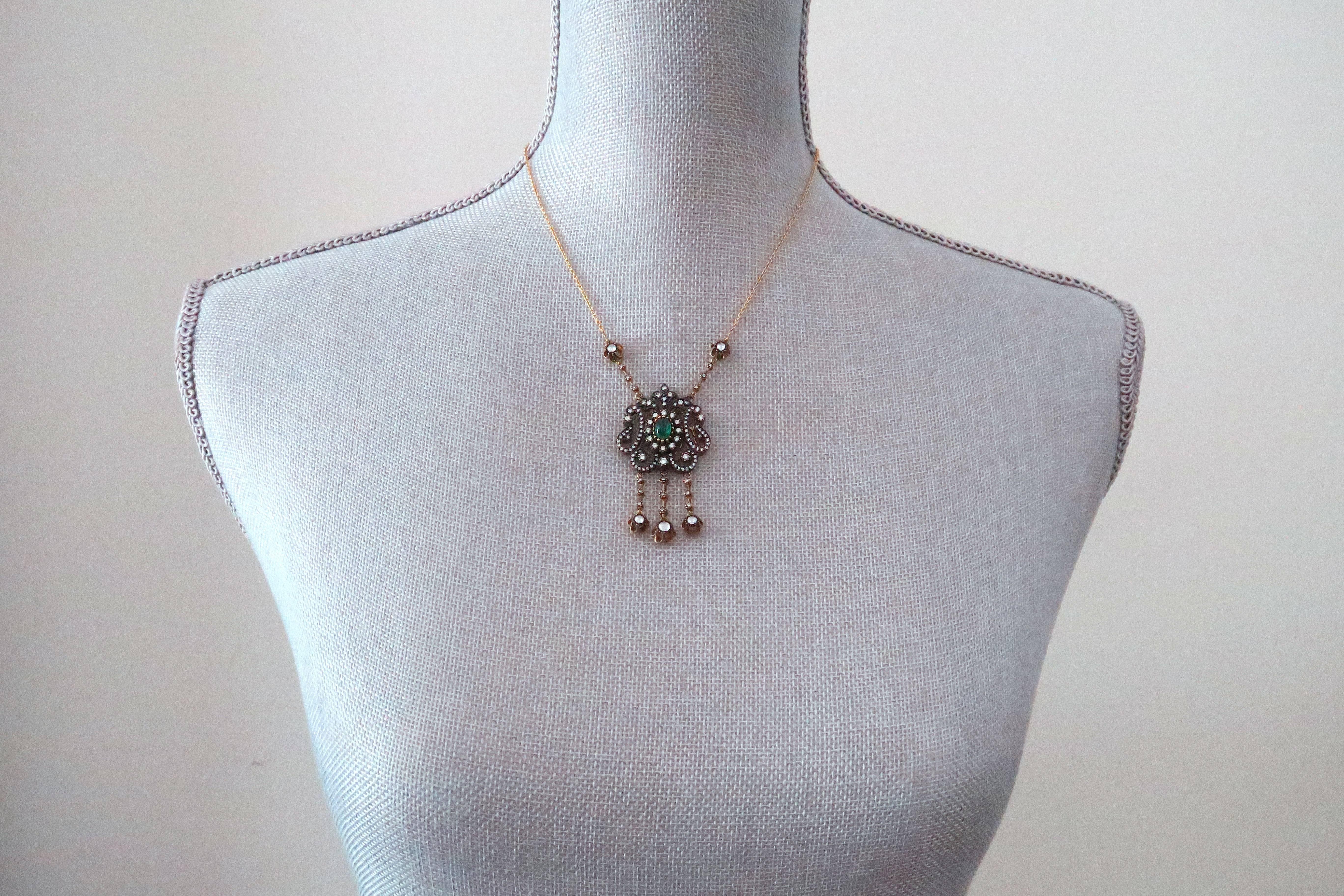 Edwardian Emerald Diamond Yellow Gold Necklace For Sale