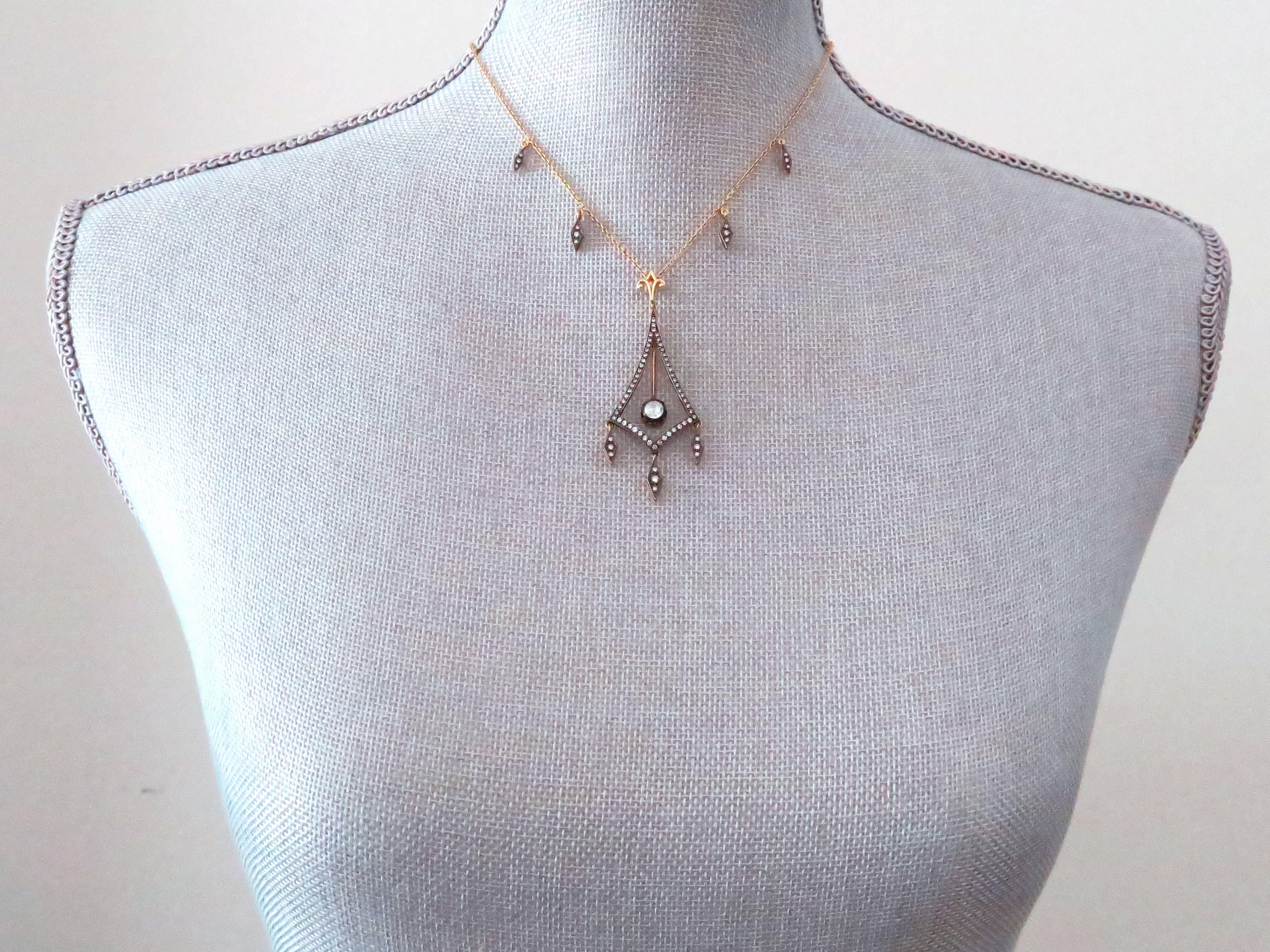 Edwardian Delicately Feminine Diamond Silver Gold Necklace For Sale