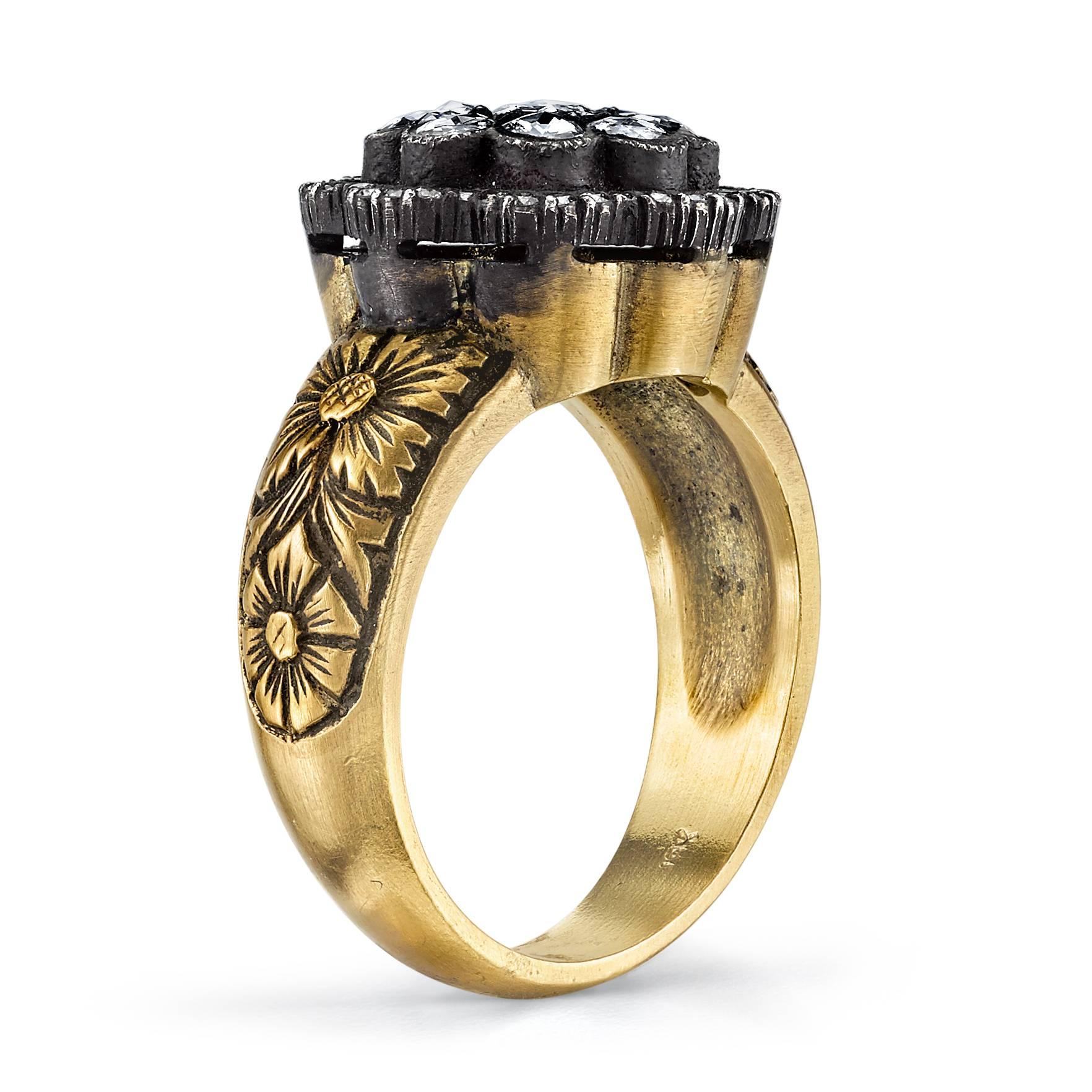 18 Karat Yellow Gold and 0.56 CT Rose Cut Diamond Ring. This ring features a beautiful engraving throughout the band and an antique, silver patina finish.  

Inspired by the Edwardian Era, a time when fine jewelry was a crucial component of every