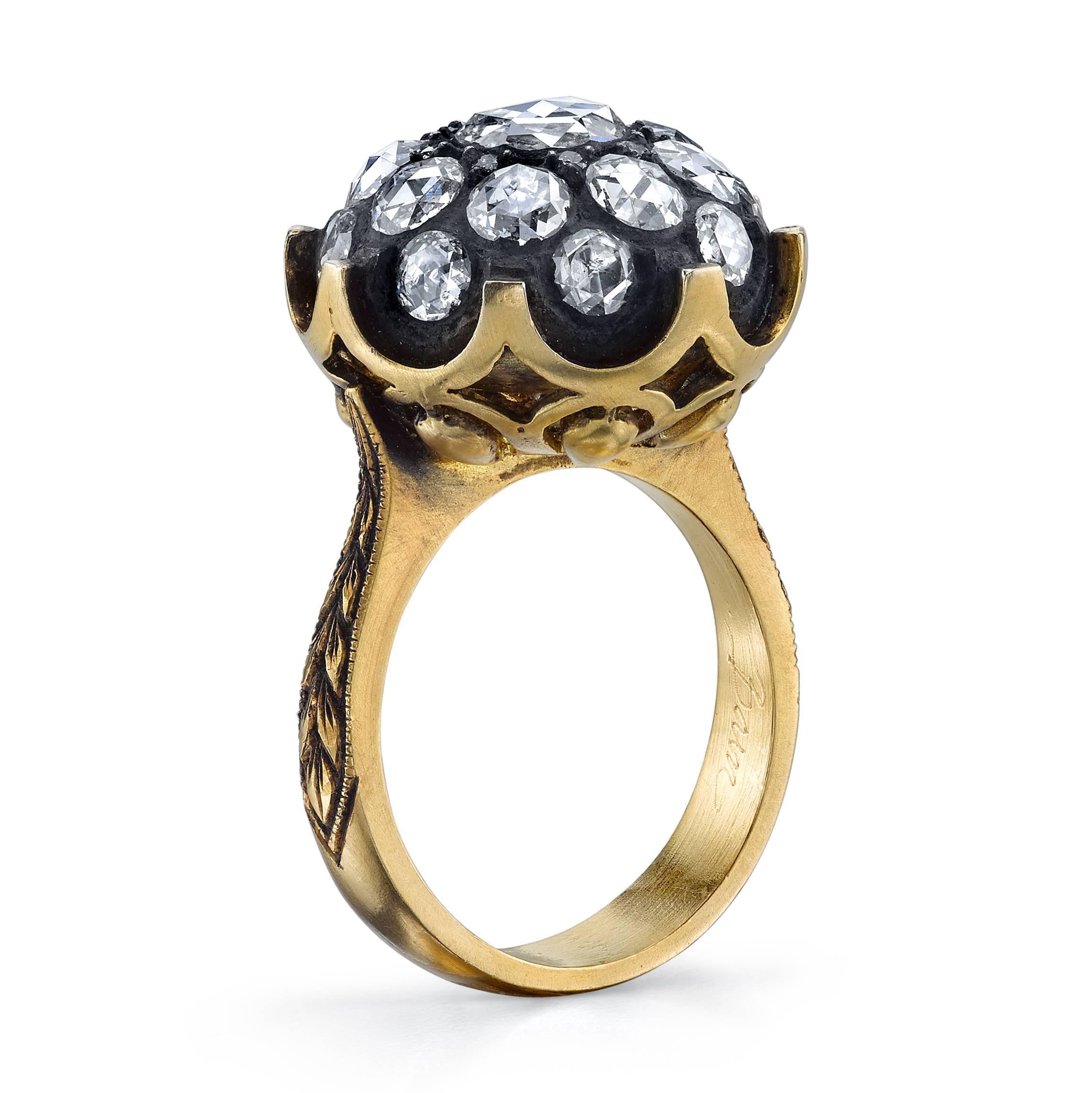 18 Karat Yellow Gold and 2.27 CT Rose Cut Diamond Ring, accented with Silver Patina and 0.68 CT Round Brilliant Diamonds. 

Inspired by the Edwardian Era, a time when fine jewelry was a crucial component of every outfit, pieces were created to