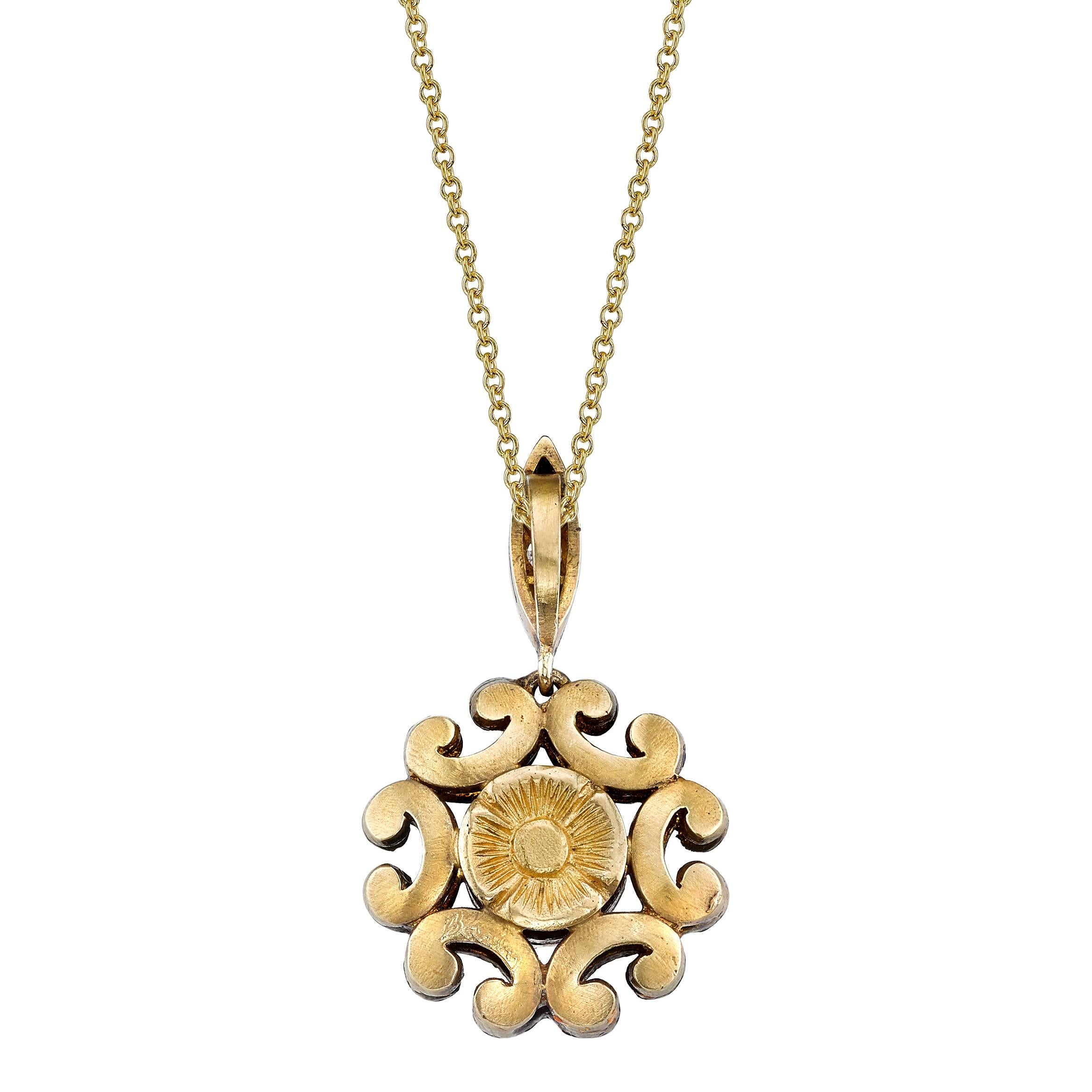 18 Karat Yellow Gold Necklace with a 0.70 CT Rose Cut Center Diamond and 0.28 CT Round Brilliant Cut Diamonds, accented with an Antique Silver Patina Finish. 

Inspired by the Edwardian Era, a time when fine jewelry was a crucial component of