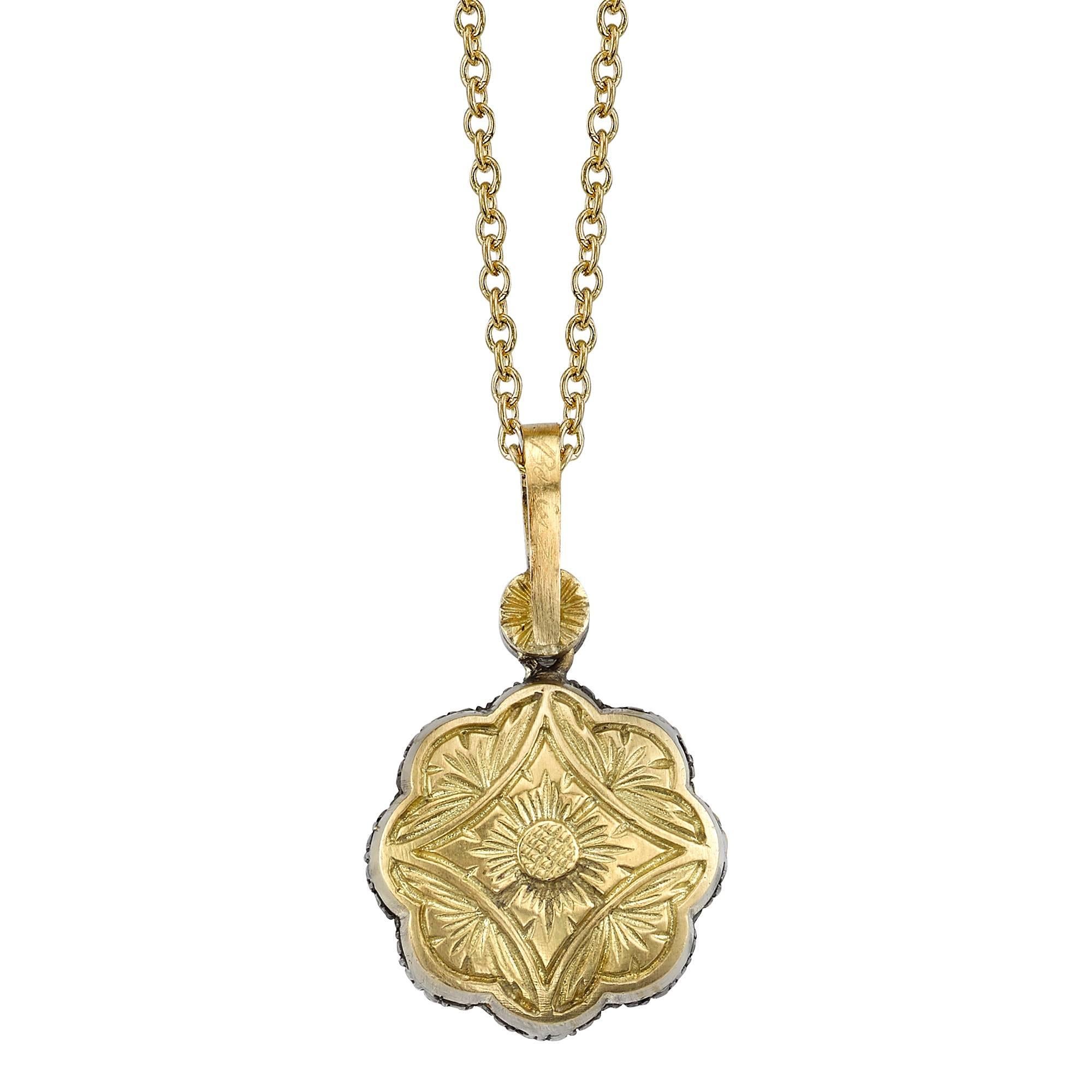 18 Karat Yellow Gold Necklace with a .56 CT Rose Cut Center Diamond and 0.28 CT Round Brilliant Cut Diamonds, accented with an Antique Silver Patina Finish. 

Inspired by the Edwardian Era, a time when fine jewelry was a crucial component of every