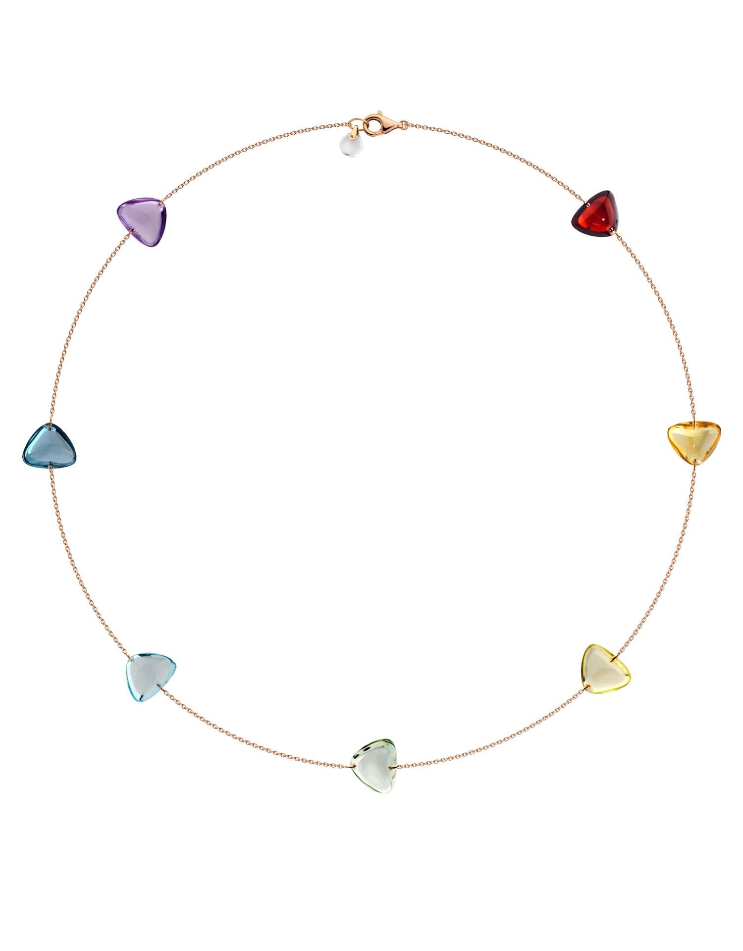 Rebecca Li designs mindfulness. 
This elegant crystal and gold chain is from her signature Crystal Link Collection.

Natural crystal rainbow triangle signifies balanced mind body and spirit.

Chain Metal Type: 18K Rose Gold
Chain Length: 17.5