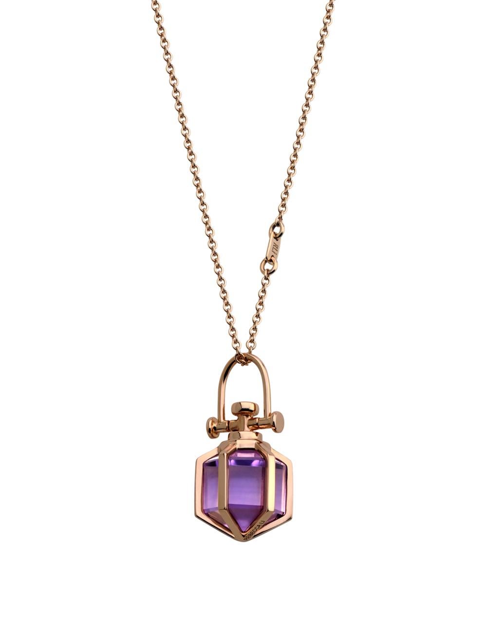 Rebecca Li designs mindfulness.
This sacred hexagon inspired necklace  signifies our intuition.
Amethyst means Intuition, Creativity & Awakening.

Talisman Pendant :
18K Rose Gold
Natural Amethyst
Pendant Size: 9 mm W * 9 mm D * 18 mm H
Gemstone
