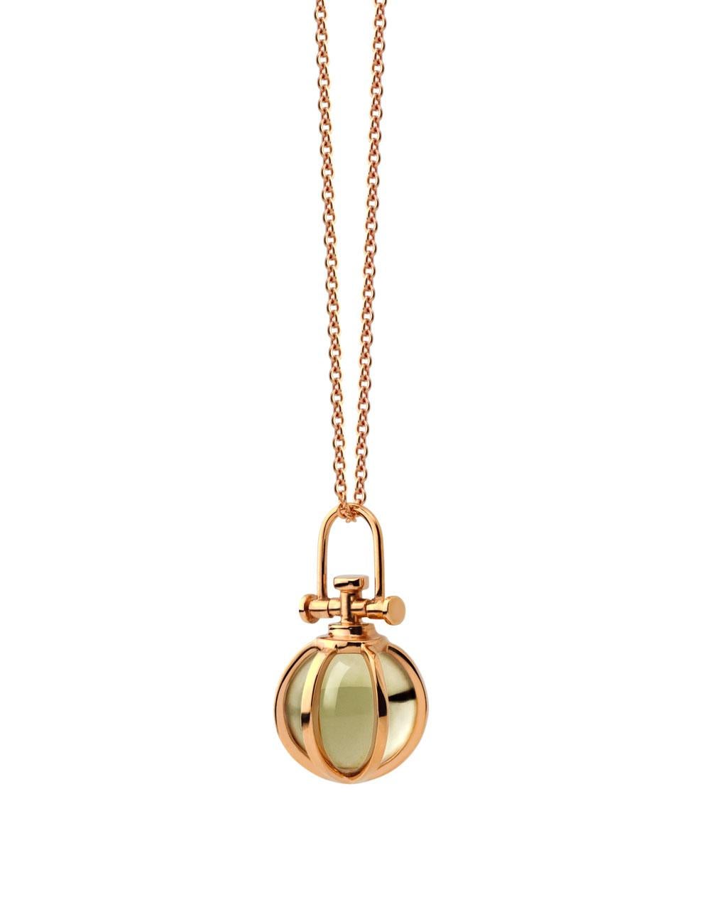 Rebecca Li designs mindfulness. 
This dainty orb necklace is from her Crystal Ball Collection.
Green amethyst means Harmony, Calm & Relaxation.

Pendant:
Metal Type: 18K Rose Gold
Gemstone: Green Amethyst
Pendant Size: 9 mm W * 9 mm D * 17 mm