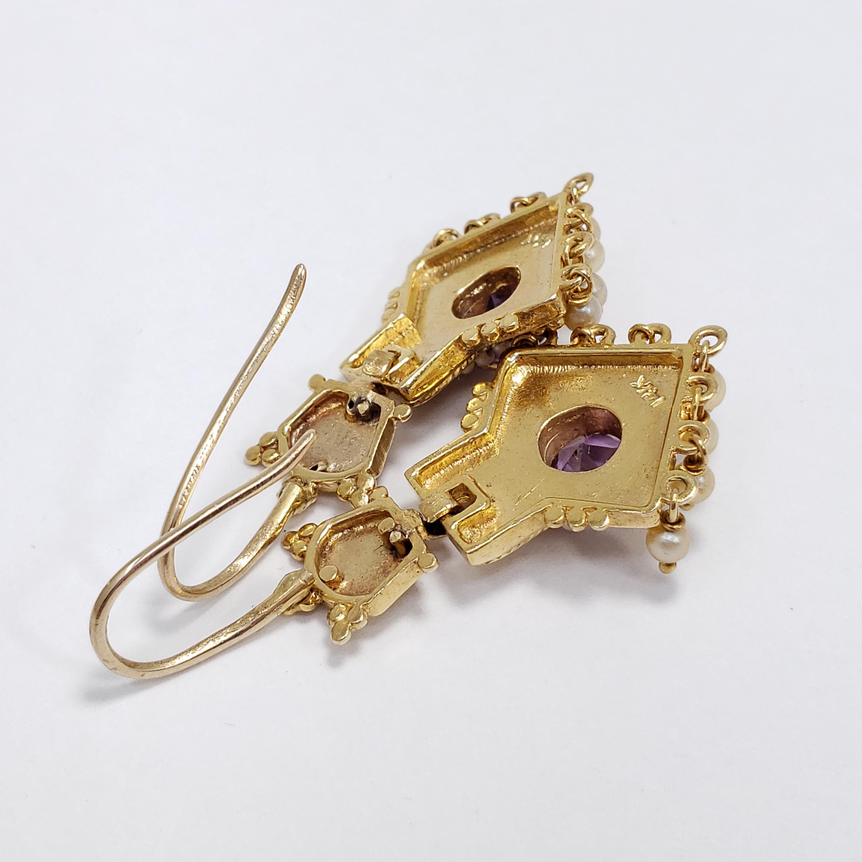 Antique Victorian Amethyst & Seeded Pearl 14K Two Piece Dangling Hook Earrings 1
