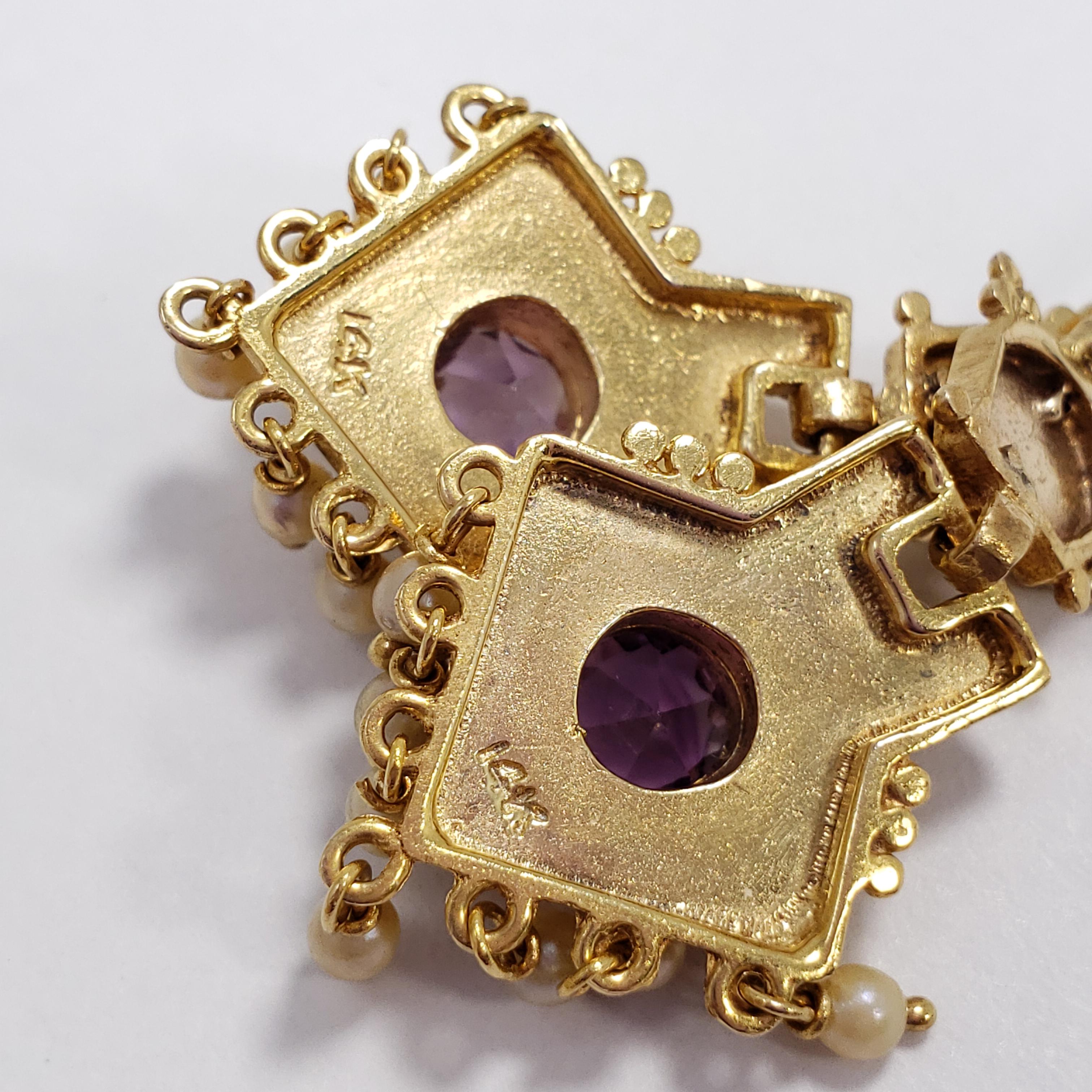 Antique Victorian Amethyst & Seeded Pearl 14K Two Piece Dangling Hook Earrings 2