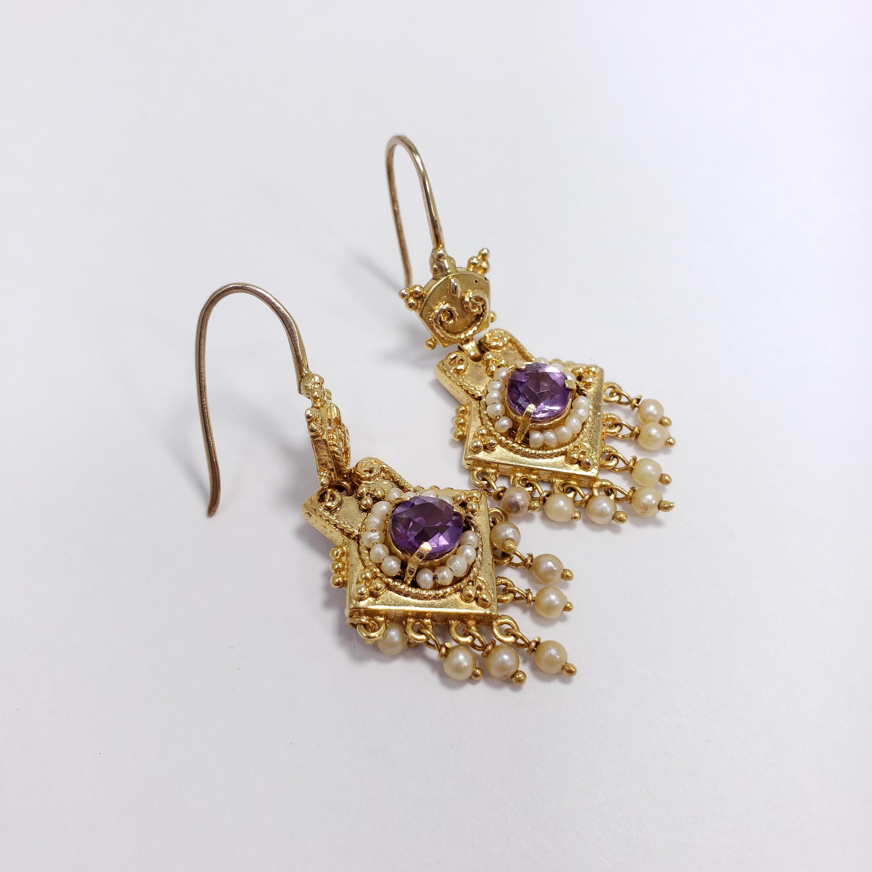 Women's Antique Victorian Amethyst & Seeded Pearl 14K Two Piece Dangling Hook Earrings