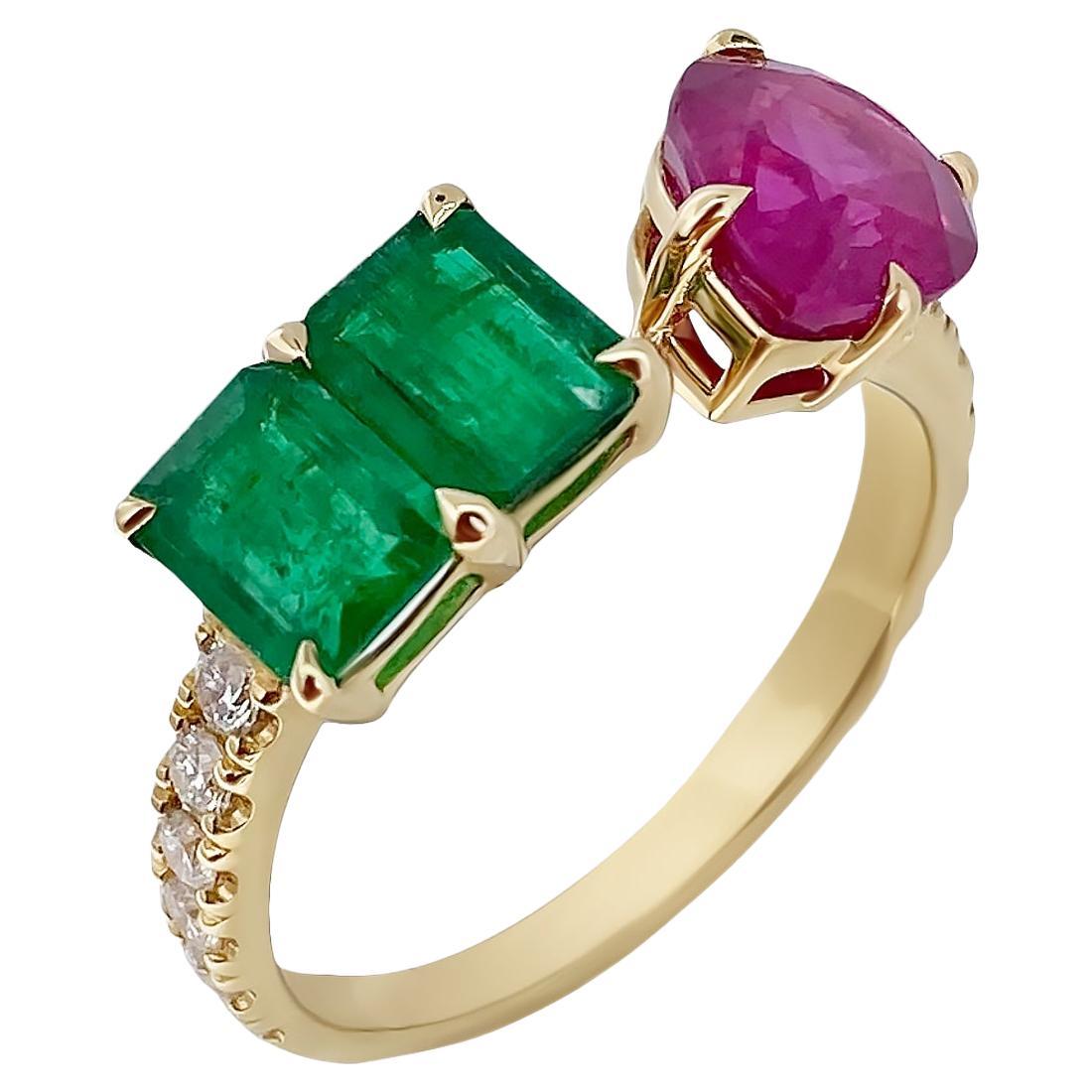2.57 Carat Pink Pear Shaped Ruby and Emerald Ring in Diamond Band and 18k Gold 