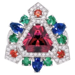 3.80 Carat Trillion Rhodolite Garnet, Sapphire, Emerald & Diamond Ring