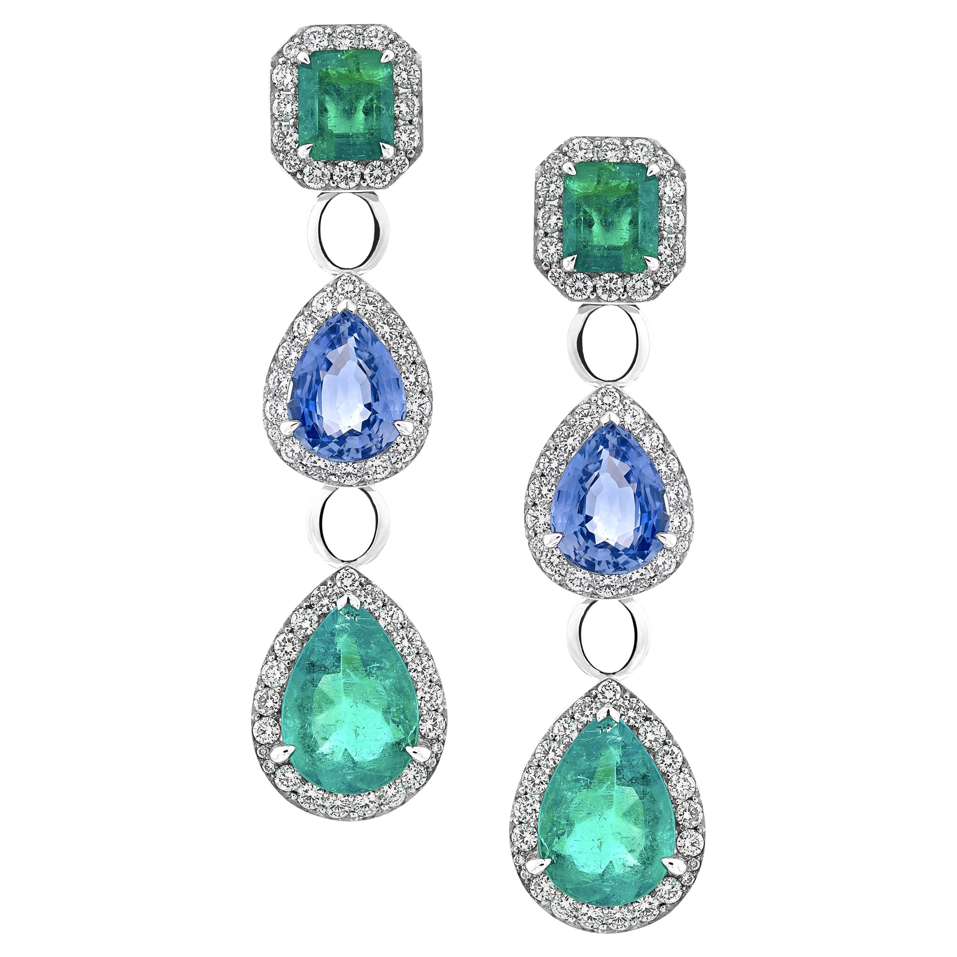 5.4 Carat Emerald and 3.93 Carat Blue Sapphire Diamond Earrings in 18 White Gold
