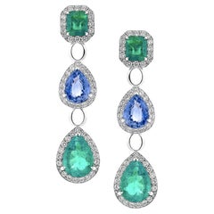 5.4 Carat Emerald and 3.93 Carat Blue Sapphire Diamond Earrings in 18 White Gold