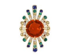 4.04 Carat Mexican Fire Opal Colored Sapphires Diamond Cocktail Ring 18k Gold