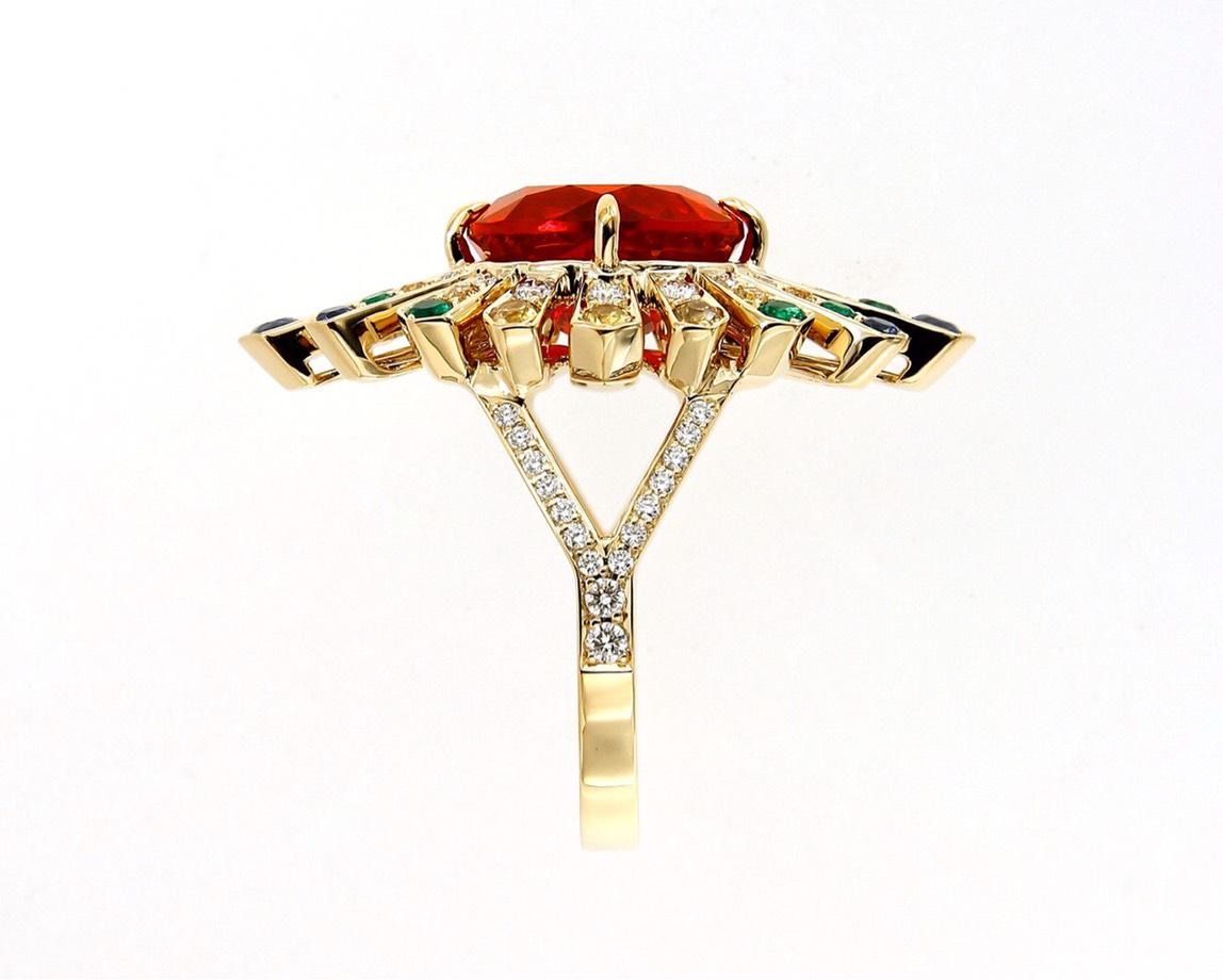 Modern 4.04 Carat Mexican Fire Opal Colored Sapphires Diamond Cocktail Ring 18k Gold