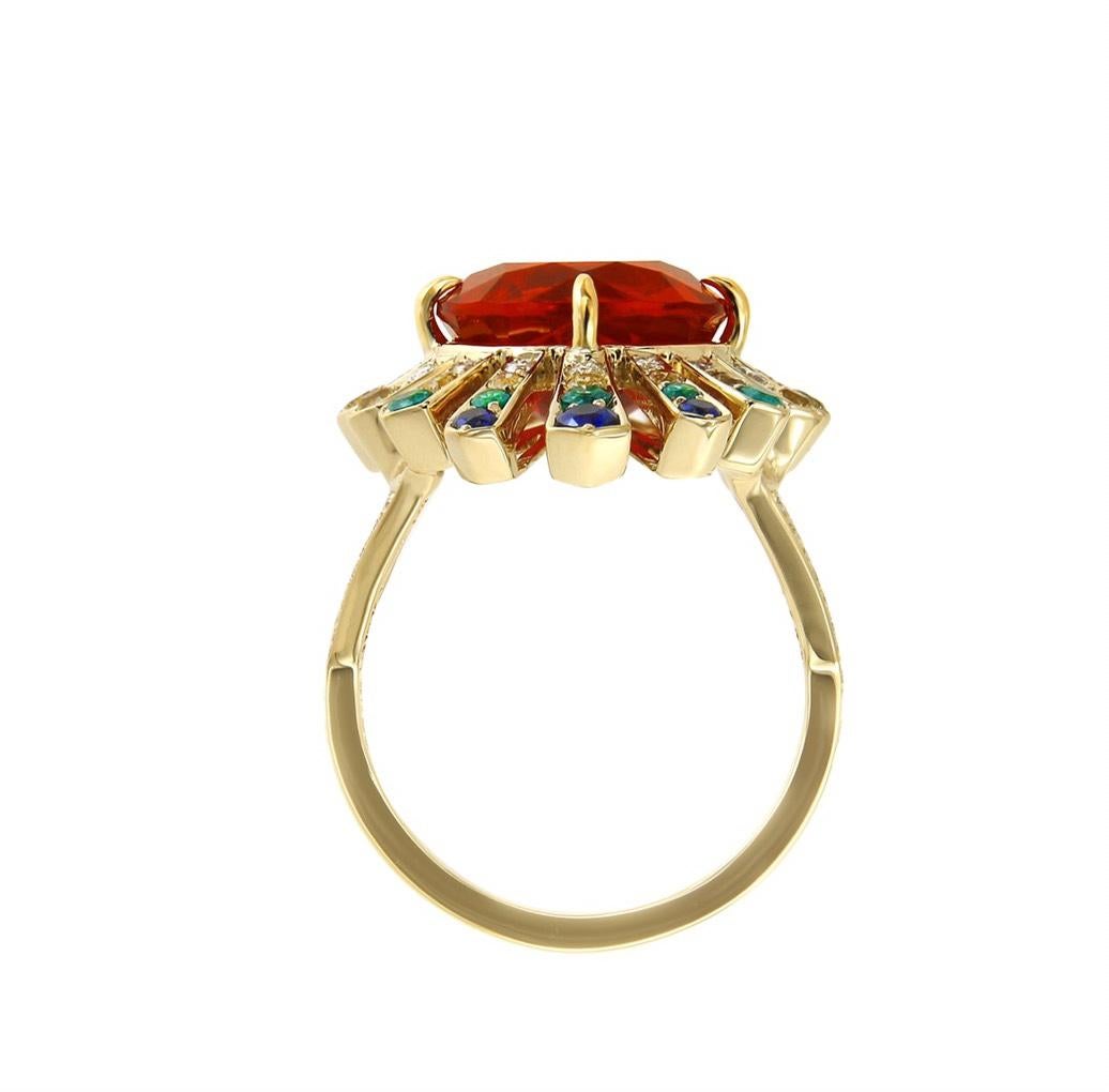 Round Cut 4.04 Carat Mexican Fire Opal Colored Sapphires Diamond Cocktail Ring 18k Gold